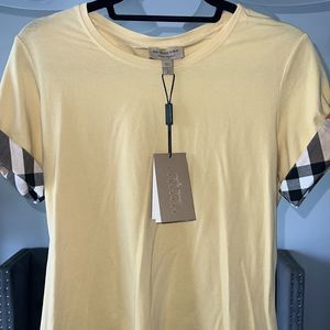 Burberry Women's Pale Yellow Cotton/Elastane Shirt Checkered Sleeve Edge L